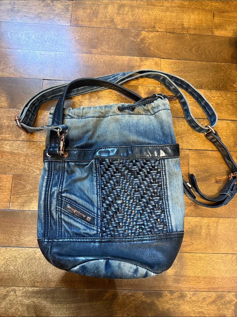 Diesel Blue Denim and Black Woven Crossbody Messenger Bag